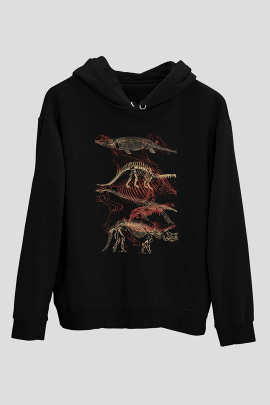 Dinozor Siyah Unisex Kapüşonlu Sweatshirt