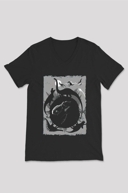 Dinozor Siyah Unisex V Yaka Tişört