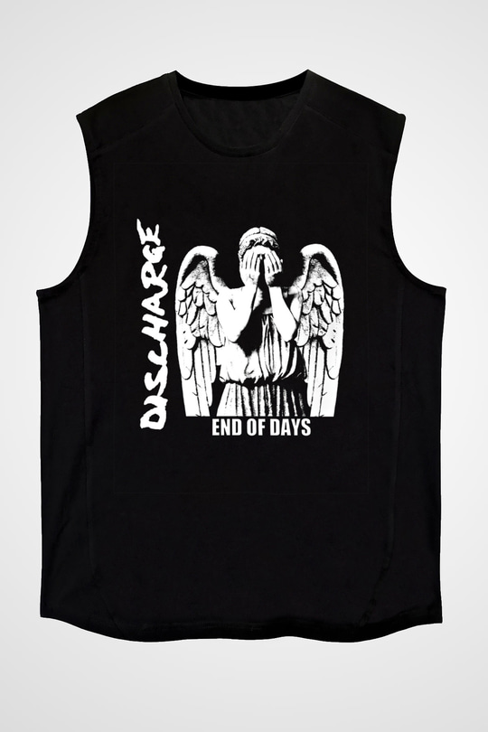 Discharge Baskılı Unisex Siyah Kolsuz Tişört