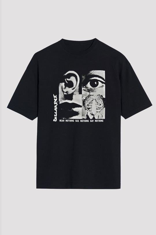 Discharge Baskılı Unisex Siyah Oversize Tişört