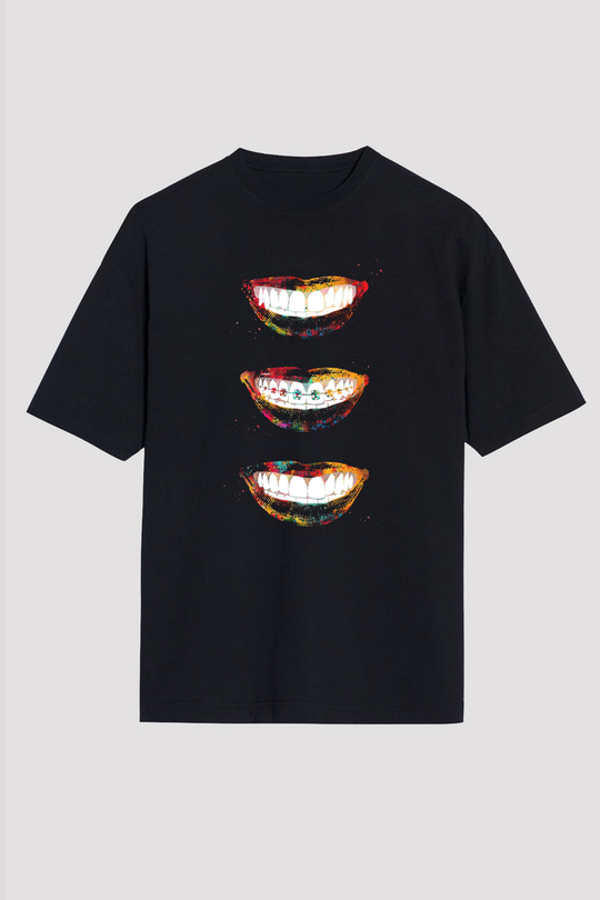 Dişler Renkli Baskılı Unisex Oversize Tişört - Tshirt