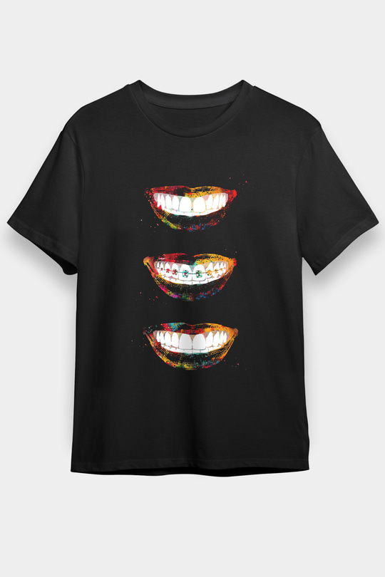 Dişler Renkli Baskılı Unisex Siyah Tişört - Tshirt
