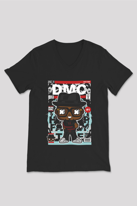 Dj Run DMC Baskılı Unisex Siyah V Yaka Tişört