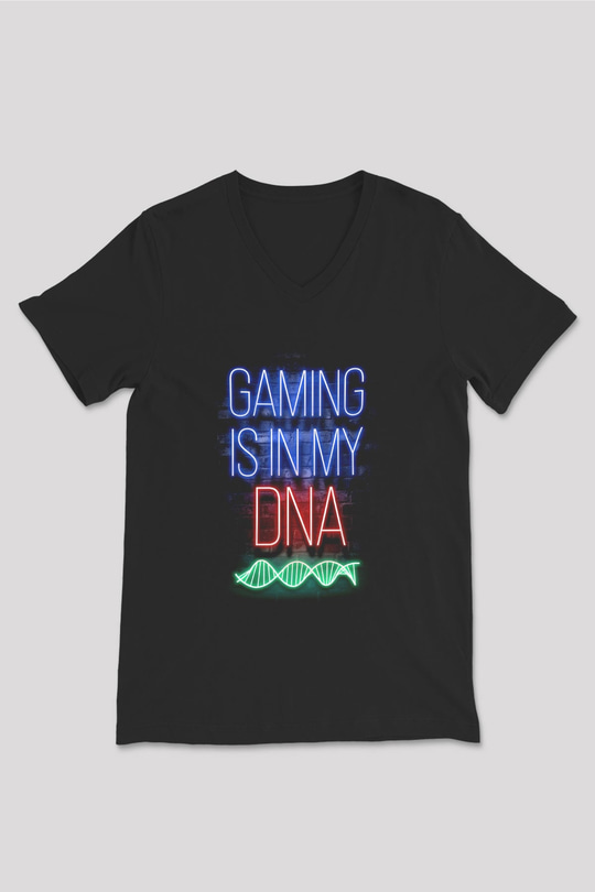 DNA Neon Baskılı Unisex V Yaka Siyah Tİşört - Tshirt
