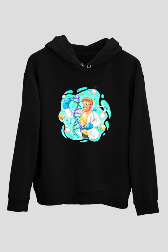 Dna Sarmalı Laborant Baskılı Unisex Siyah Hoodie