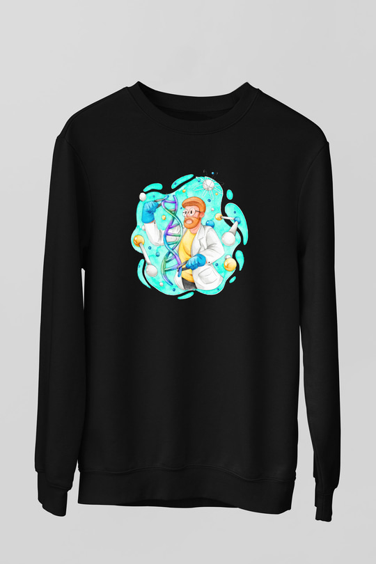 Dna Sarmalı Laborant Baskılı Unisex Siyah Sweatshirt