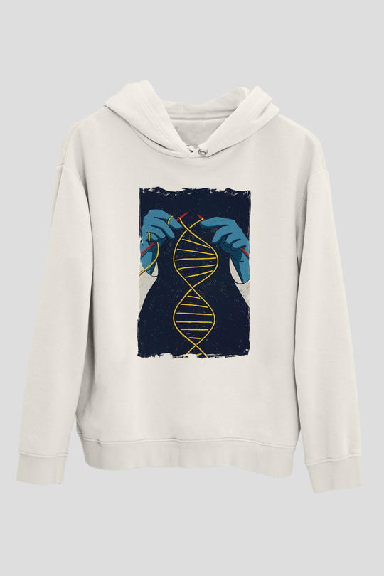 Dna Sarmalı Örgü Baskılı Unisex Beyaz Hoodie