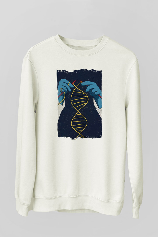 Dna Sarmalı Örgü Baskılı Unisex Beyaz Sweatshirt