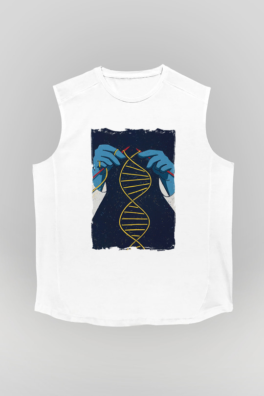 Dna Sarmalı Örgü Baskılı Unisex Beyaz Kolsuz Tişört