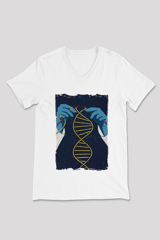 Dna Sarmalı Örgü Baskılı Unisex Beyaz V Yaka Tişört