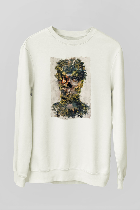 Doğa ve Kurukafa Baskılı Unisex Beyaz  Sweatshirt