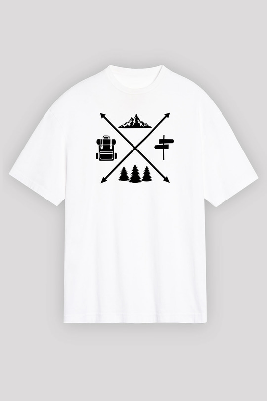 Doğa Yürüyüşü Baskılı Unisex Beyaz Oversize Tişört - Tshirt