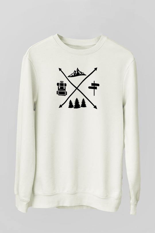 Doğa Yürüyüşü Baskılı Unisex Ekru Sweatshirt