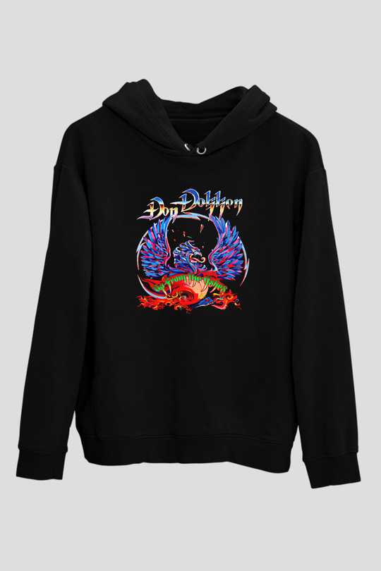Dokken Baskılı Unisex Siyah Kapüşonlu Sweatshirt