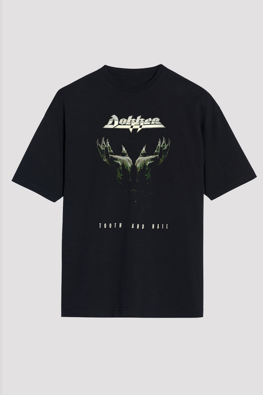Dokken Baskılı Unisex Siyah Oversize Tişört - Tshirt