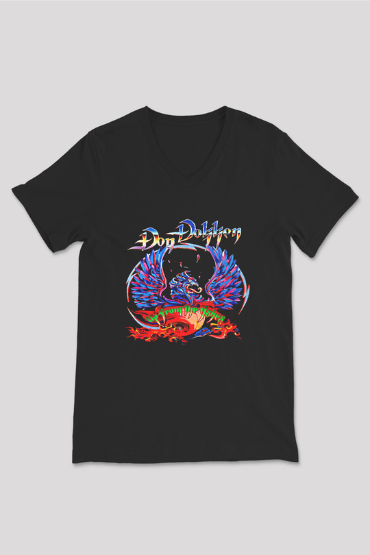 Dokken Baskılı Unisex Siyah V Yaka Tişört - Tshirt