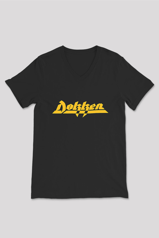 Dokken Baskılı Unisex Siyah V Yaka Tişört - Tshirt