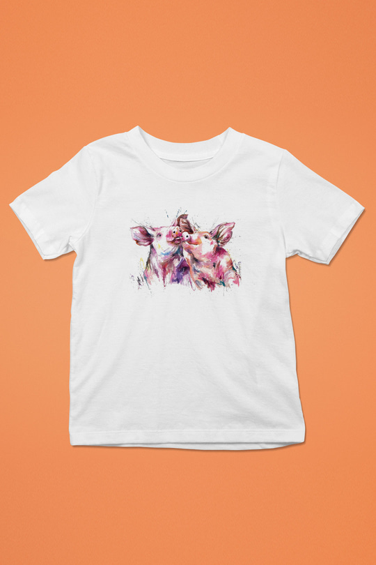 Domuz Baskılı Beyaz Unisex Çocuk Tişört