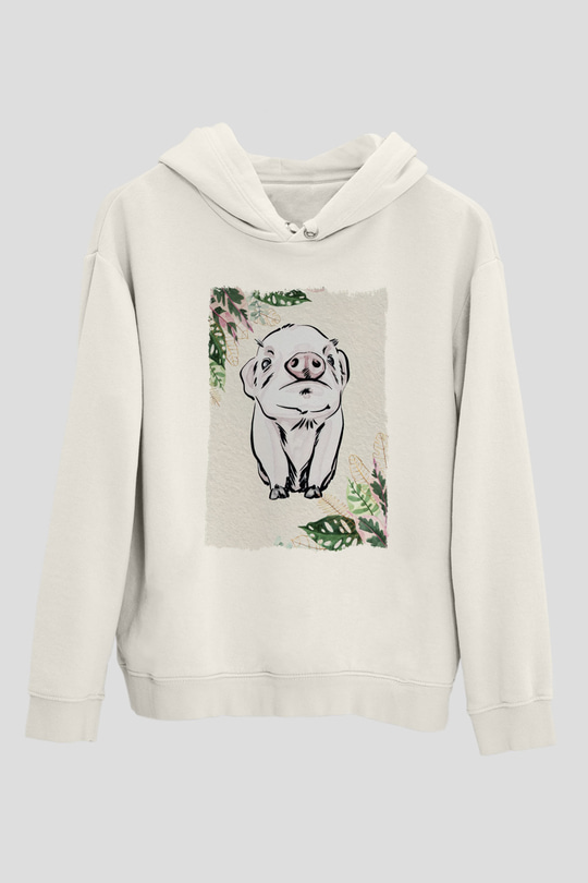 Domuz Beyaz Unisex Kapüşonlu Sweatshirt