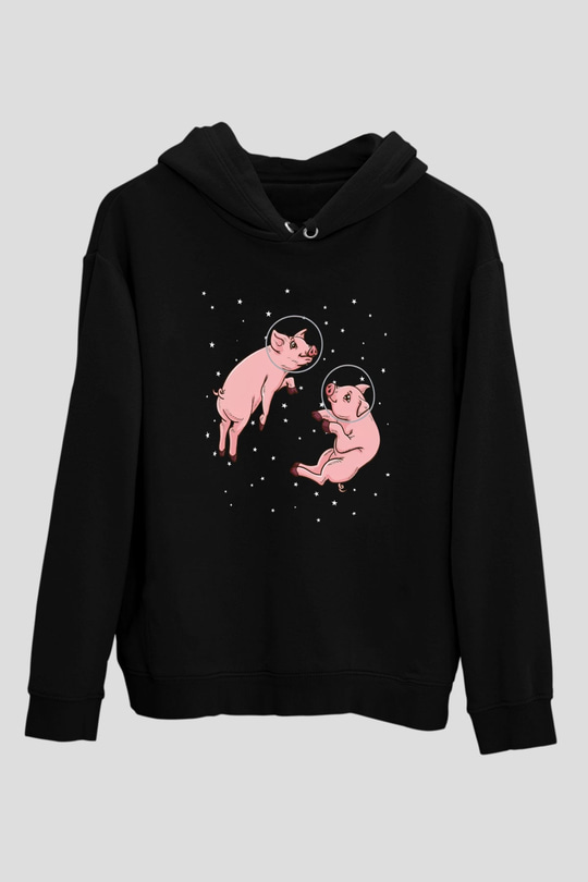 Domuz Siyah Unisex Kapüşonlu Sweatshirt