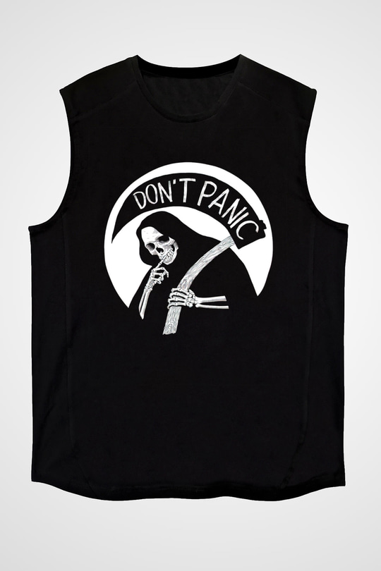 Don't Panic Temalı Baskılı Unisex Siyah  Kolsuz Tişört