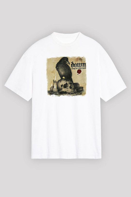 Down Baskılı Unisex Beyaz Oversize Tişört