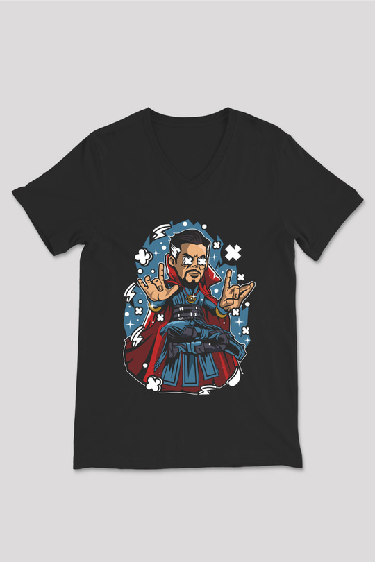 Dr Strange Baskılı Unisex Siyah V Yaka Tişört