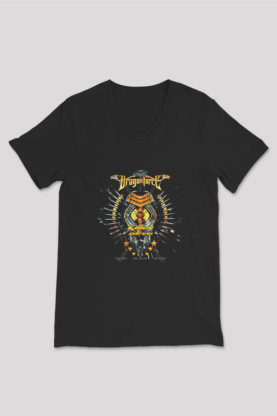 Dragon Force Baskılı Unisex Siyah V Yaka Tişört