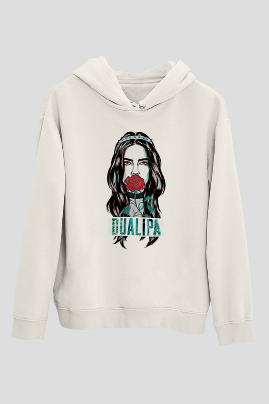 Dua Lipa Baskılı Beyaz Unisex Kapüşonlu Sweatshirt