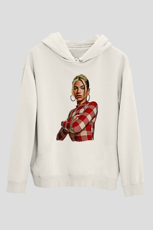 Dua Lipa Baskılı Beyaz Unisex Kapüşonlu Sweatshirt