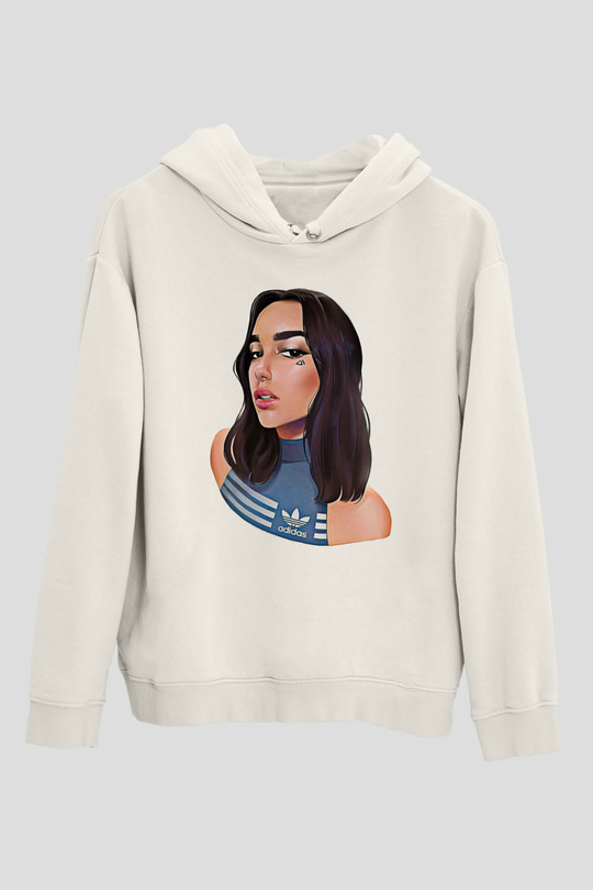 Dua Lipa Baskılı Beyaz Unisex Kapüşonlu Sweatshirt