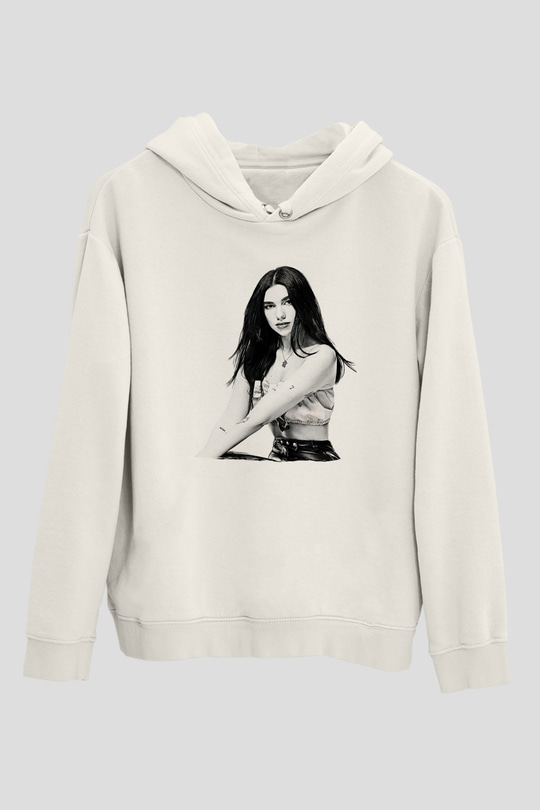 Dua Lipa Baskılı Beyaz Unisex Kapüşonlu Sweatshirt
