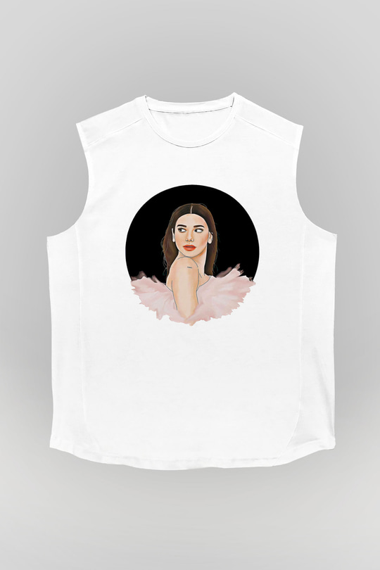 Dua Lipa Baskılı Beyaz Unisex Kolsuz Tişört - Tshirt