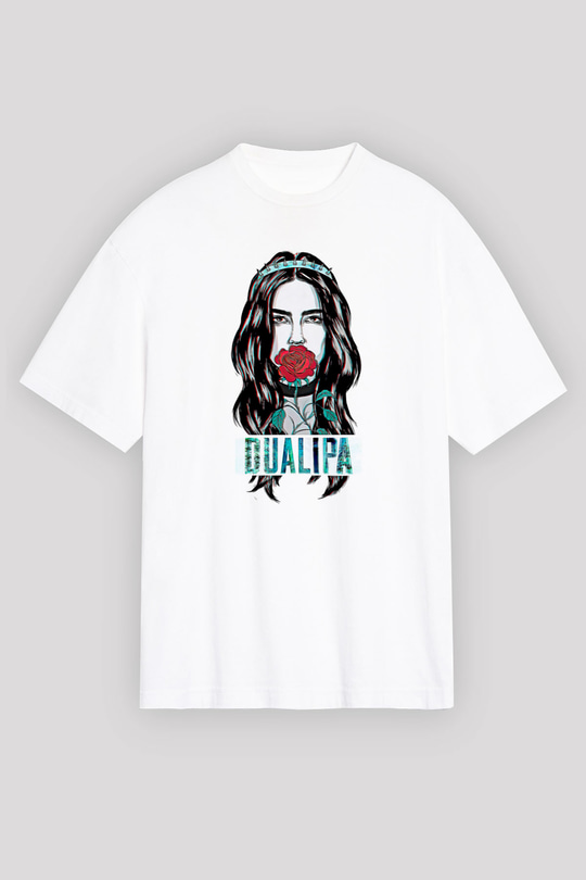 Dua Lipa Baskılı Beyaz Unisex Oversize Tişört - Tshirt