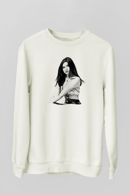 Dua Lipa Baskılı Beyaz Unisex Sweatshirt