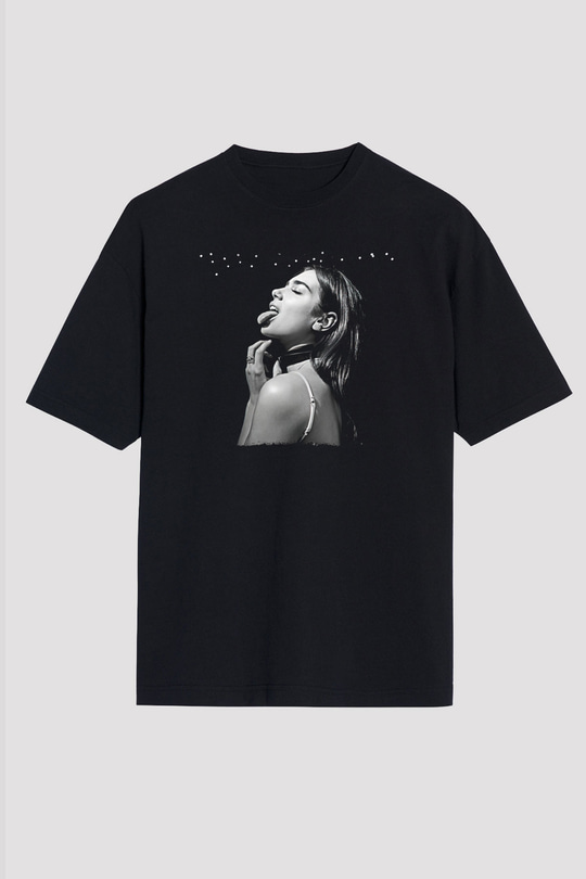 Dua Lipa Baskılı Unisex Siyah Oversize Tişört - Tshirt