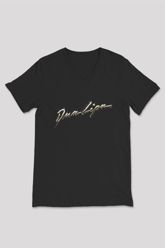 Dua Lipa Baskılı Unisex Siyah V Yaka Tişört - Tshirt