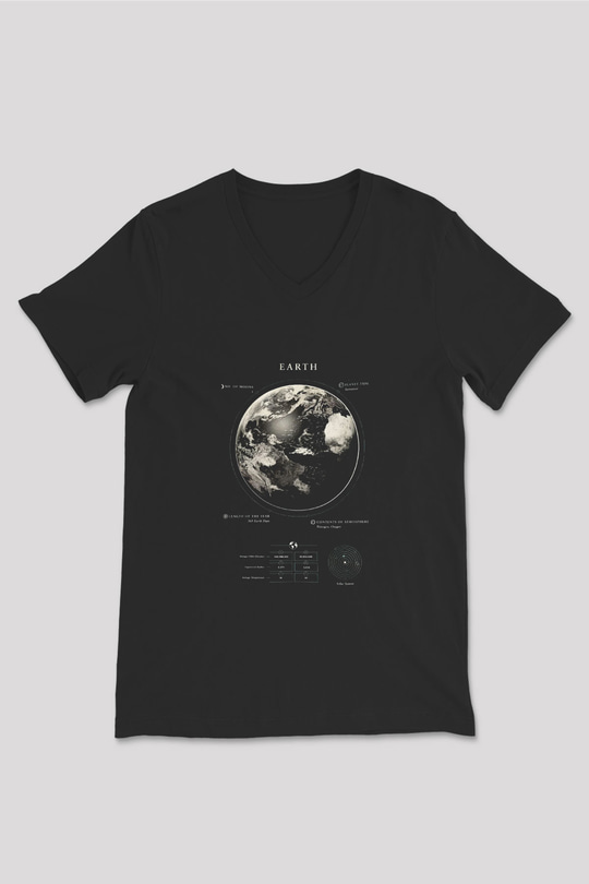 Dünya Fiziksel Özellikleri Baskılı Unisex V Yaka Siyah Tİşört - Tshirt