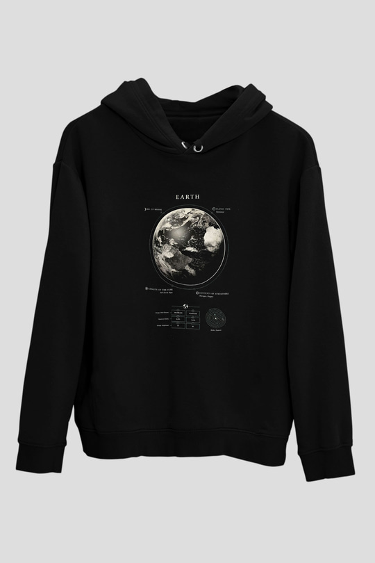 Dünya Fiziksel Özellikleri Baskılı Unisex Siyah Hoodie