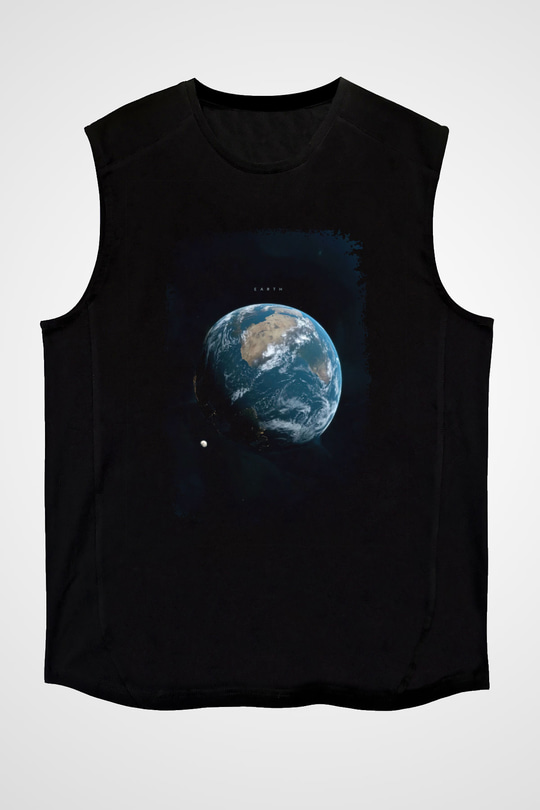 Dünya Renkli Fotoğraf Baskılı Unisex Kolsuz Siyah Tişört - Tshirt
