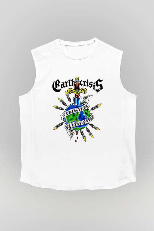 Earth Crisis Baskılı Beyaz Unisex Kolsuz Tişört - Tshirt