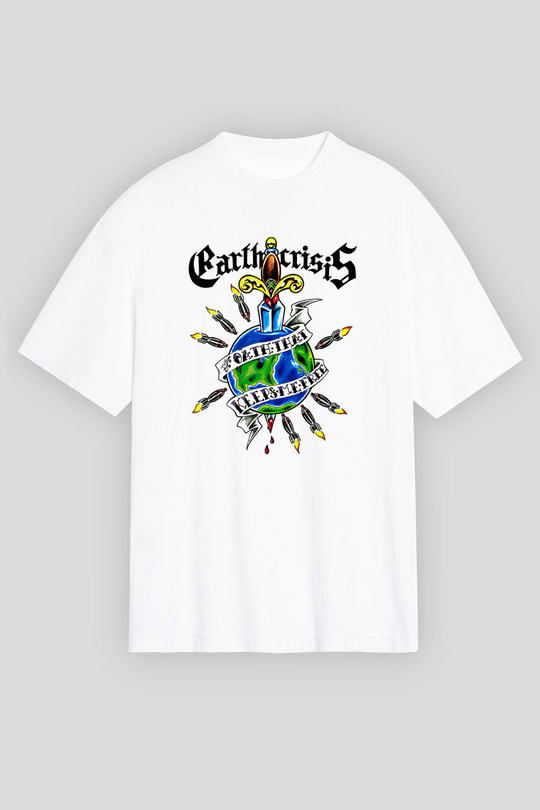 Earth Crisis Baskılı Beyaz Unisex Oversize Tişört - Tshirt