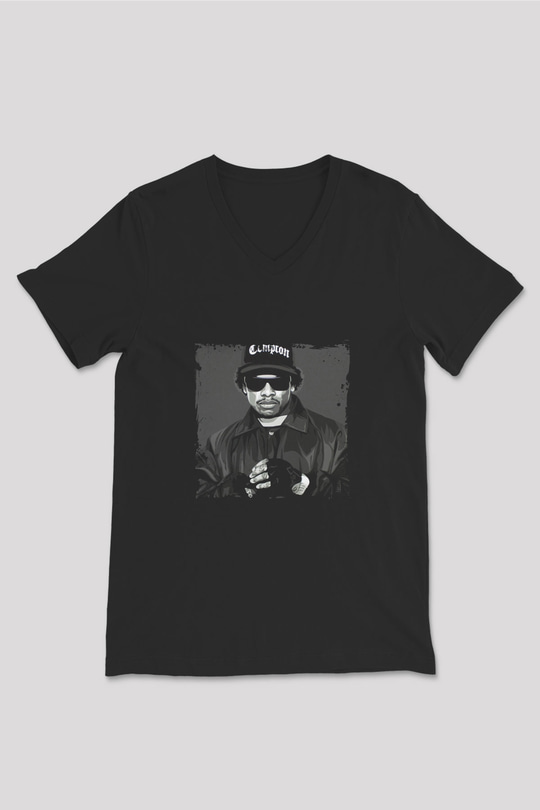 Eazy-E Baskılı Unisex Siyah V Yaka Tişört