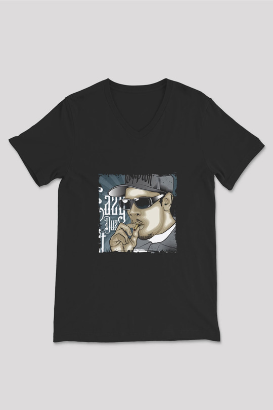 Eazy-E Baskılı Unisex Siyah V Yaka Tişört