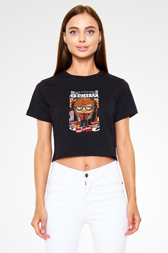 Ed Sheeran Baskılı  Siyah  Crop Top Tişört