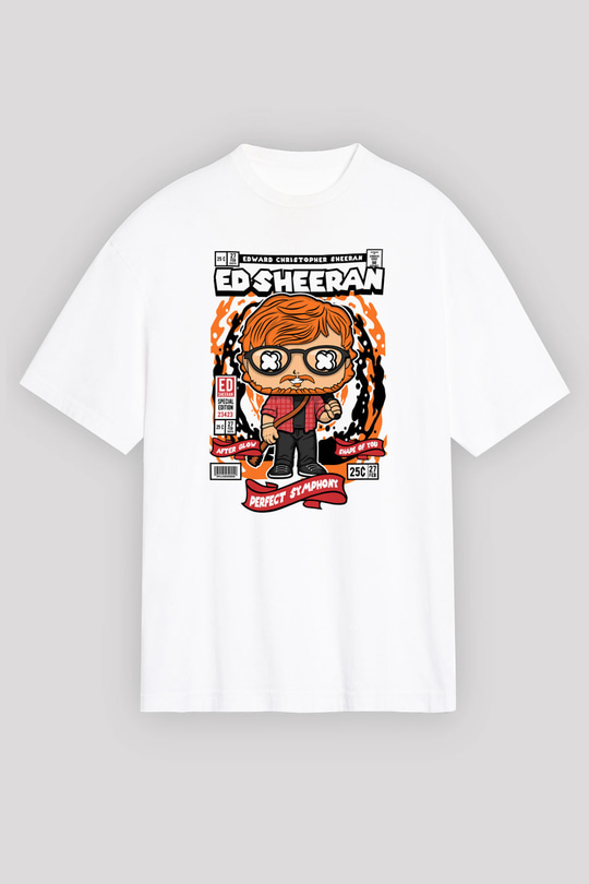 Ed Sheeran Baskılı Unisex Beyaz Oversize Tişört