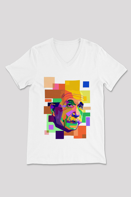 Einstein Beyaz Unisex V Yaka Tişört