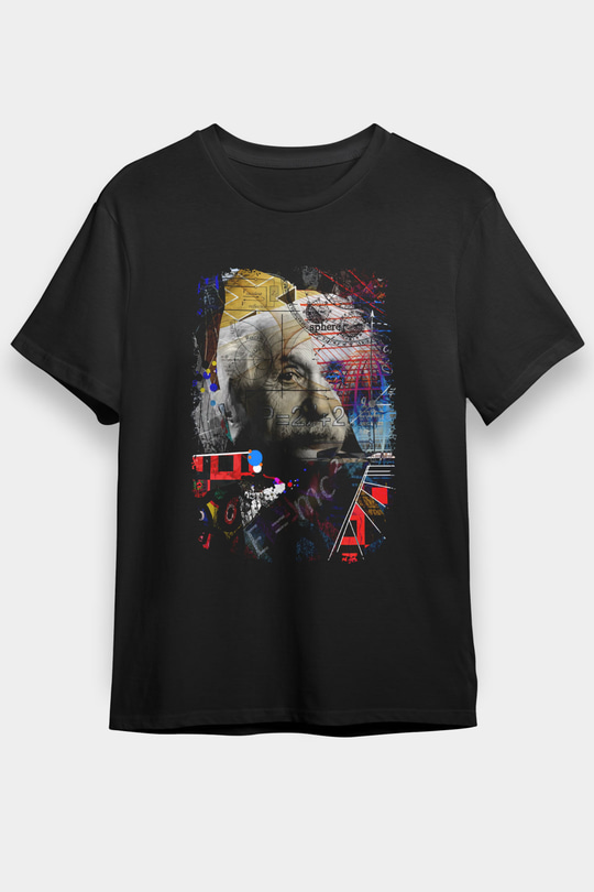 Einstein Pop Art Baskılı Unisex Siyah Tişört - Tshirt