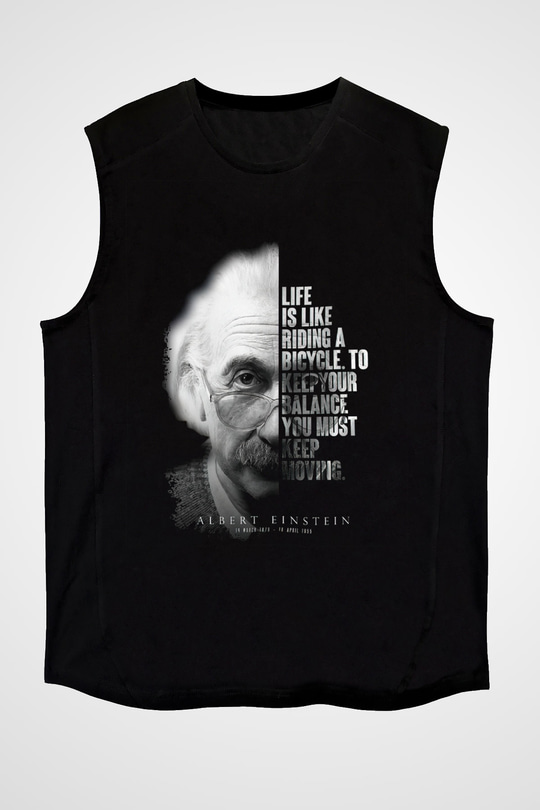 Einstein Portre Lıntı Baskılı Unisex Kolsuz Siyah Tişört - Tshirt