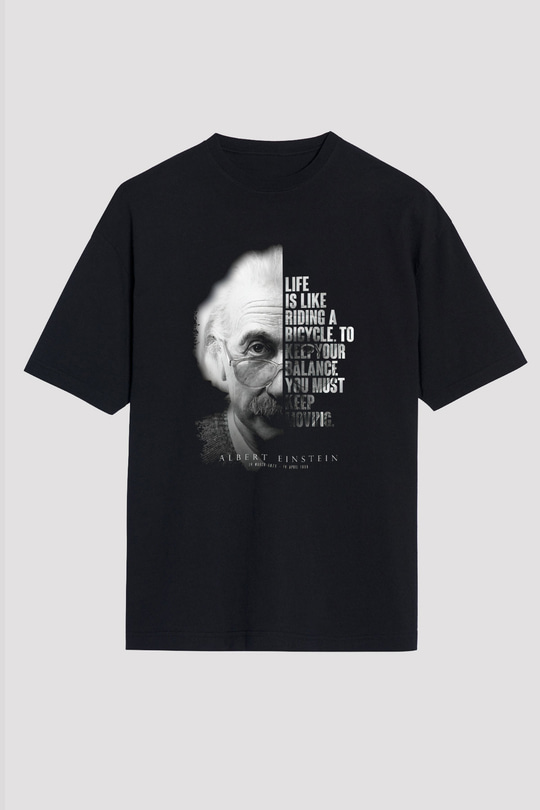 Einstein Portre Lıntı Baskılı Unisex Oversize Tişört - Tshirt